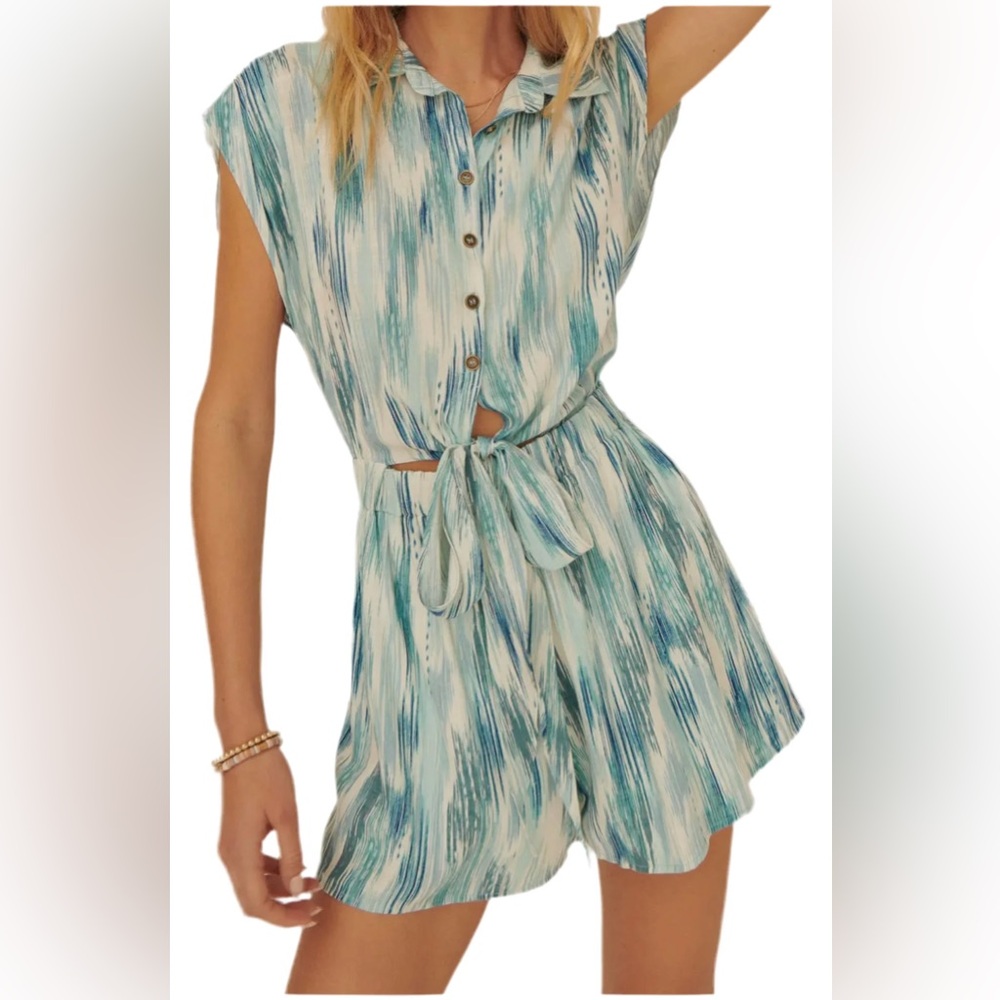 Blue and White Tie-Waist romper